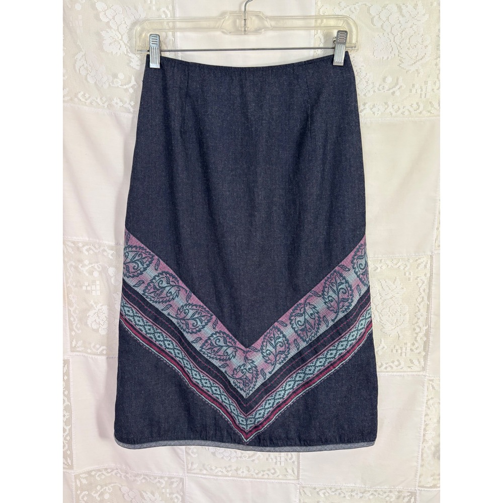 Soft Indigo Denim Embroidered Straight Boho Western Midi Skirt Size XS-S